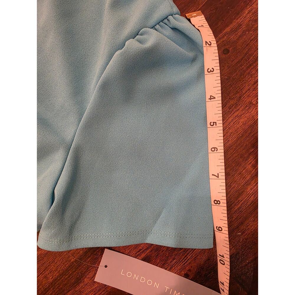 London Times Dress Size 16 Blue Atoll Faux Wrap Belted Puff Sleeve Knee Length - Picture 3 of 9